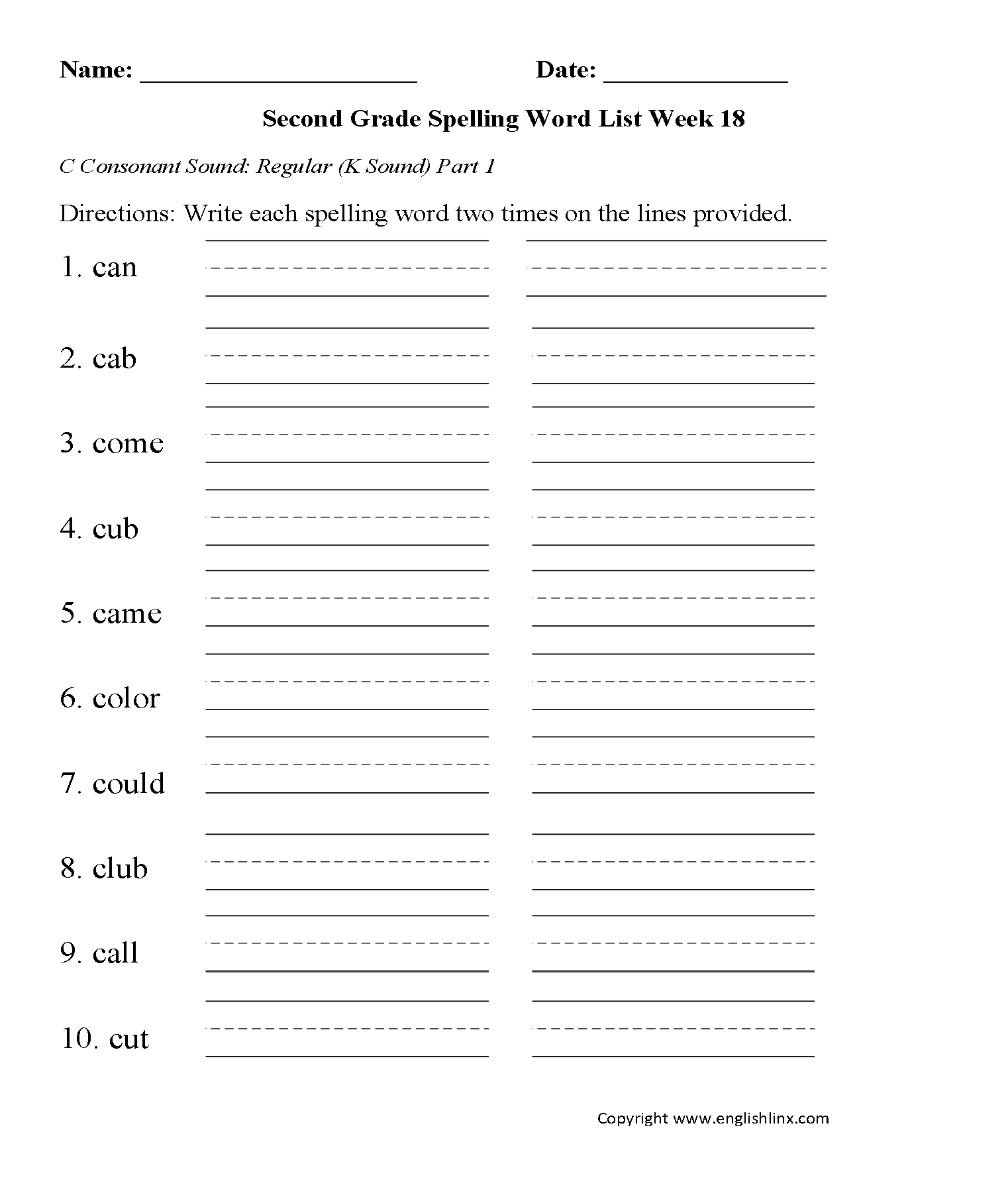 Week 18 C Consonant K Sound 1 Second Grade Spelling Words Worksheets